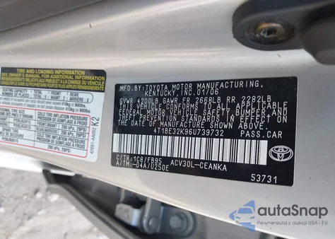 2006 Toyota Camry Le z USA, uszkodzony, nr VIN 4T1BE32K96U739732